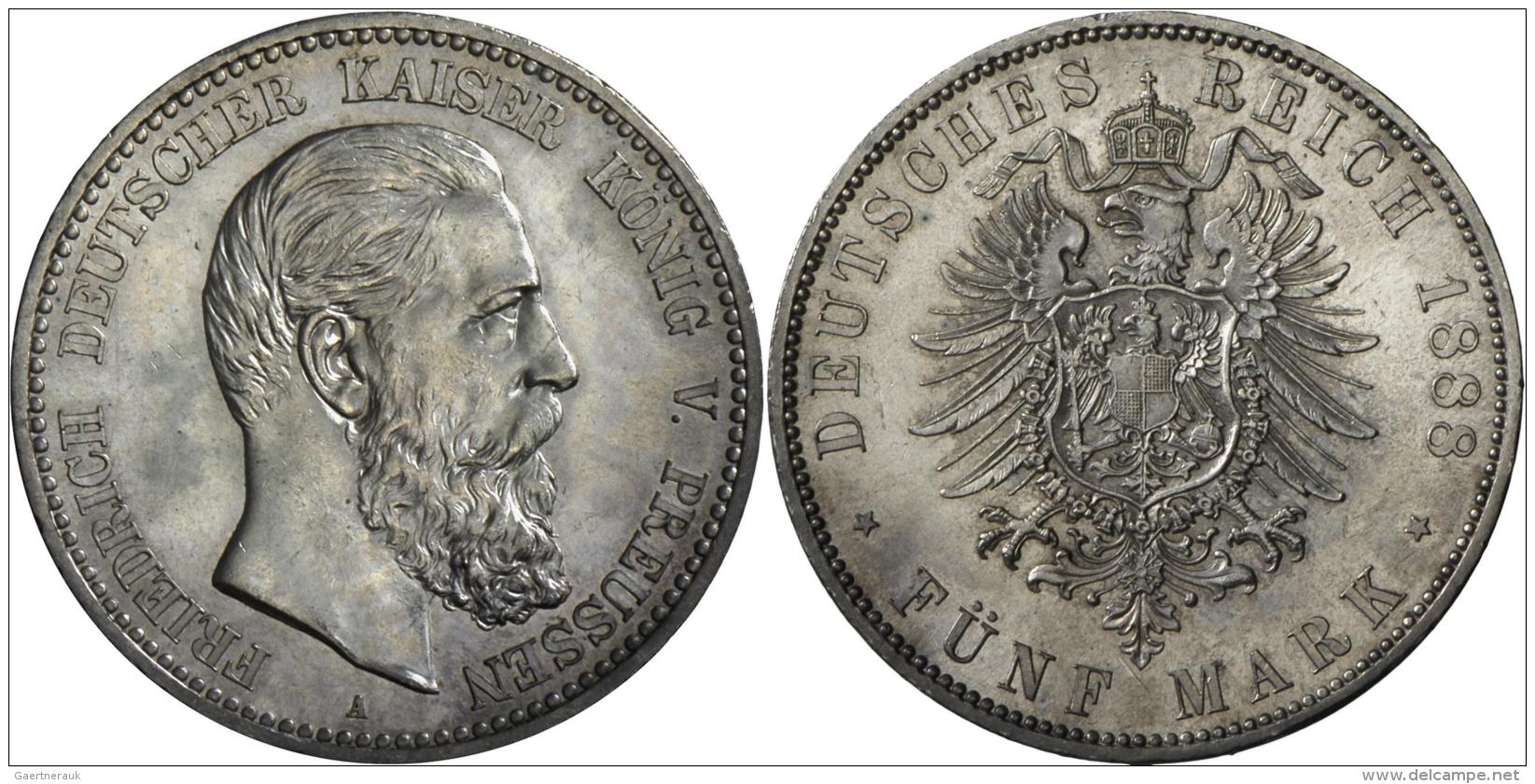 Preu&szlig;en: Friedrich III. 1888: 5 Mark 1888 A, Jaeger 99, Winz. Kratzer, Min. Randfehler, Vorz&uuml;glich. - Taler & Doppeltaler