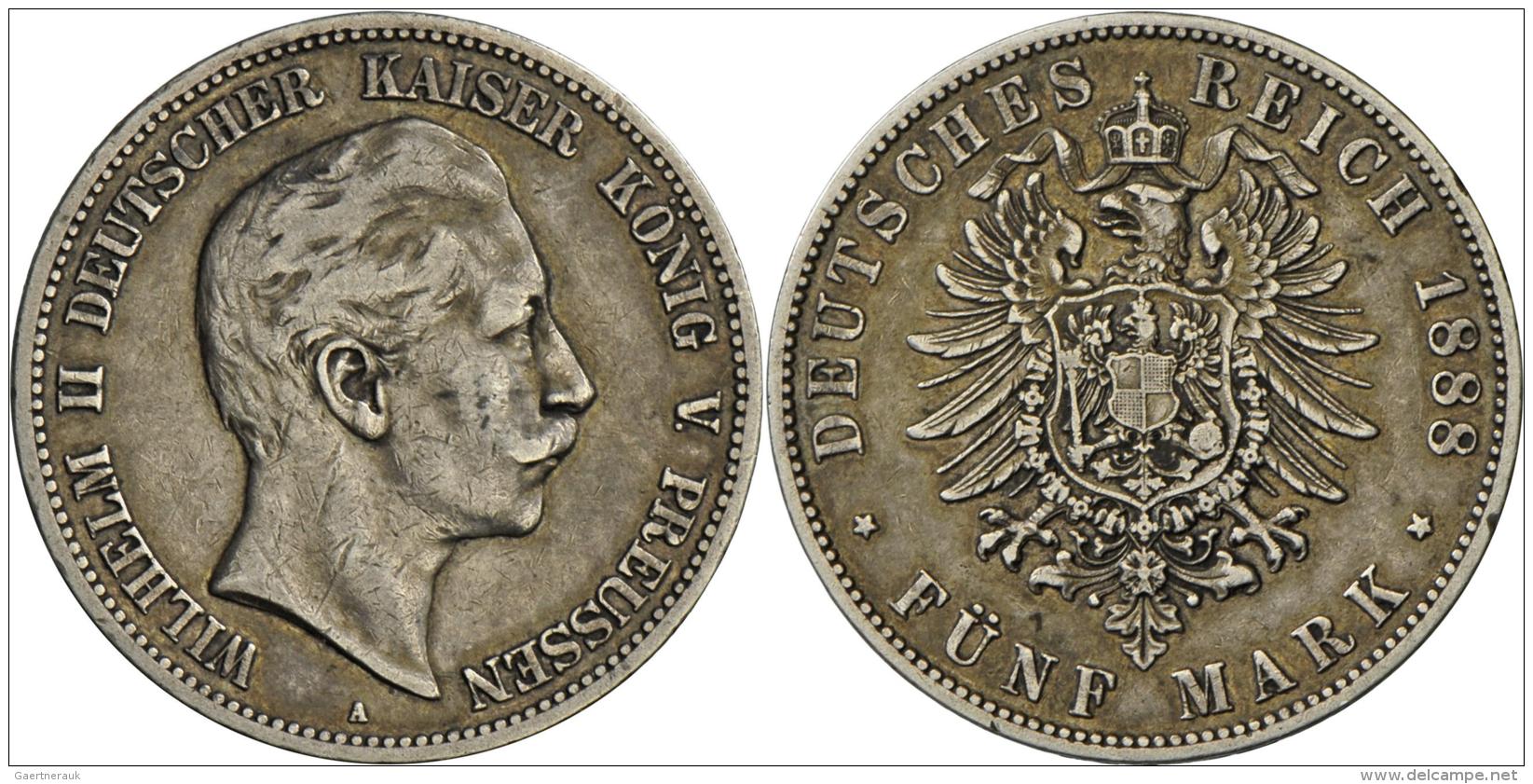 Preu&szlig;en: Wilhelm II. 1888-1918: 5 Mark 1888 A, Jaeger 101, Auflage 56 Tsd., Kratzer, Sehr Sch&ouml;n. - Taler & Doppeltaler