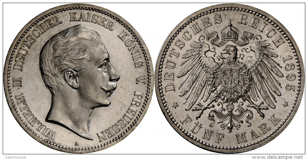 Preu&szlig;en: Wilhelm II. 1888-1918: 5 Mark 1895 A, Jaeger 104, Gereinigt, Fast Stempelglanz. - Taler & Doppeltaler