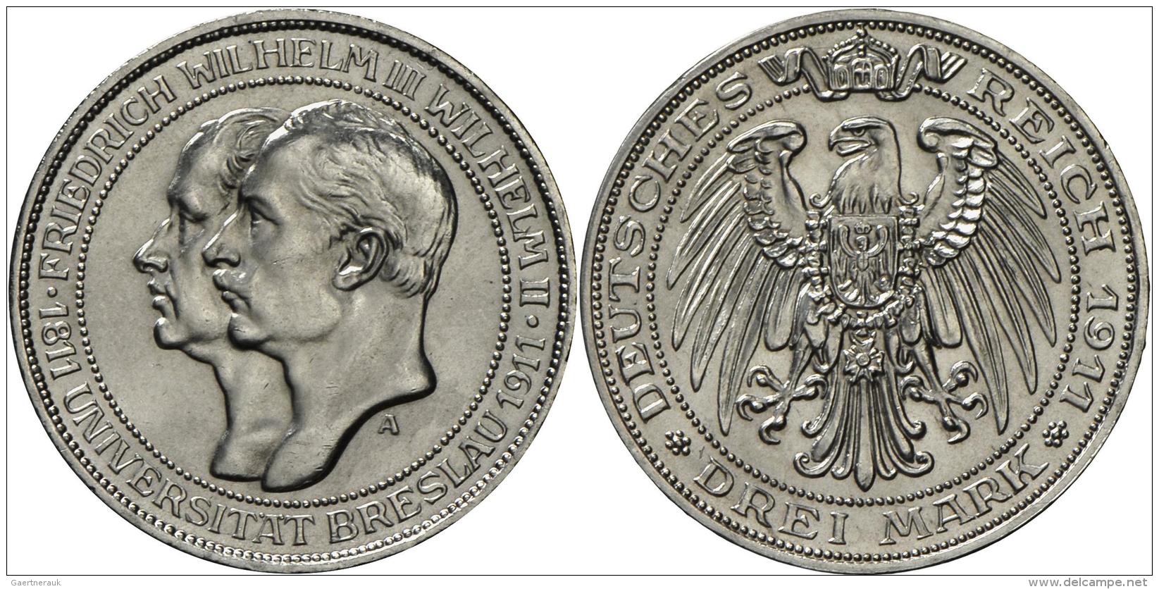 Preu&szlig;en: Wilhelm II. 1888-1918: 3 Mark 1911 A, Universit&auml;t Breslau, Jaeger 108, Stempelglanz. - Taler & Doppeltaler