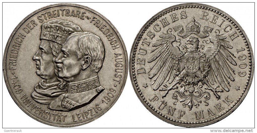 Sachsen: Friedrich August III. 1904-1918:5 Mark 1909 Universit&auml;t Leipzig, Jaeger 139, Winz. Kratzer, Winzige Randfe - Taler & Doppeltaler