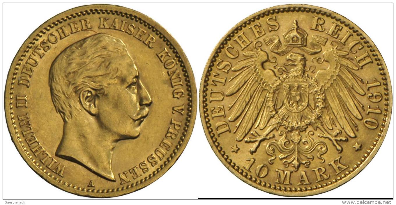 Preu&szlig;en: Wilhelm II. 1888-1918: 10 Mark 1910 A, Jaeger 251, Gold 900/1000, 3,98 G, Vorz&uuml;glich. - Goldmünzen