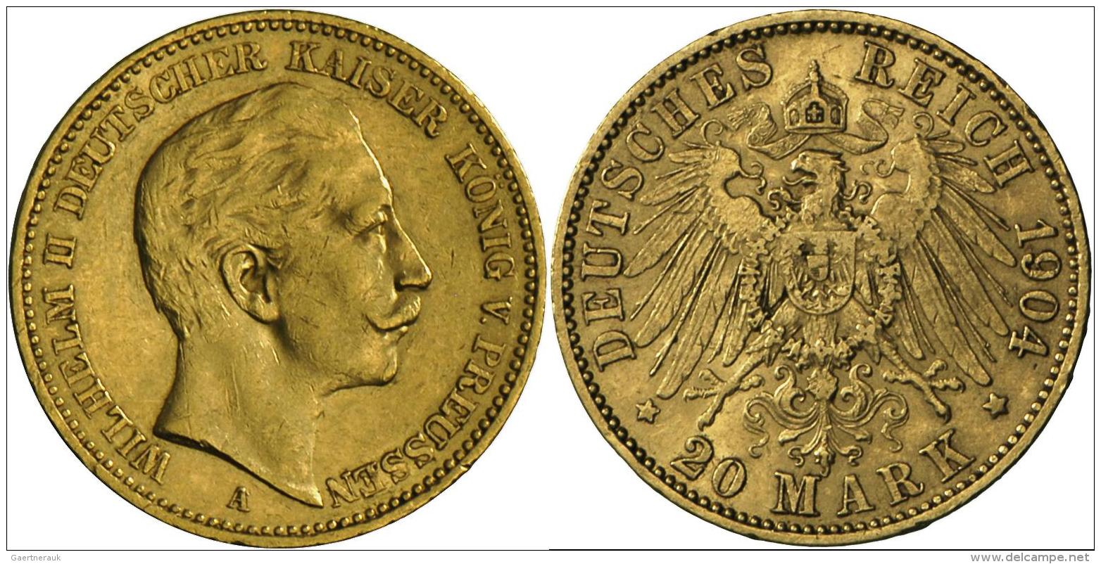 Preu&szlig;en: Wilhelm II. (1888-1918): 20 Mark 1904 A, Jaeger 252, Sehr Sch&ouml;n+. - Goldmünzen