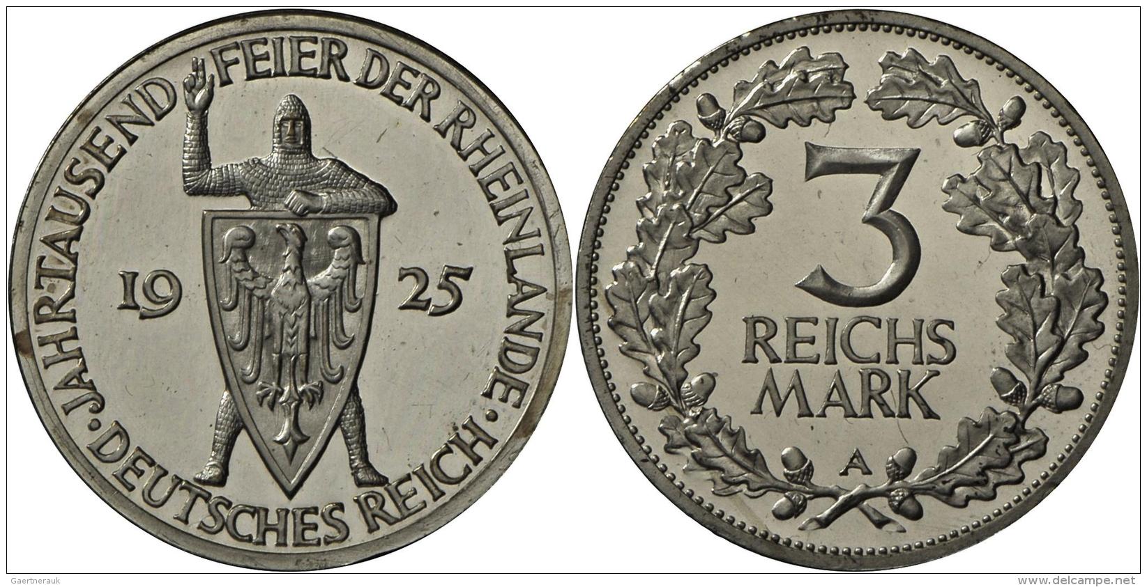 Weimarer Republik: 3 Reichsmark 1925 A, Rheinlande, J. 321, Zaponiert, Polierte Platte. - Autres & Non Classés
