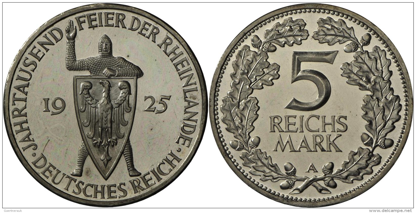 Weimarer Republik: 5 Reichsmark 1925 A, Rheinlande, J. 322, Zaponiert, Polierte Platte. - Autres & Non Classés