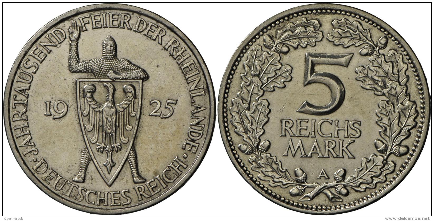 Weimarer Republik: 5 Reichsmark 1925 A, Rheinlande, Jaeger 322, Fast Stempelglanz. - Autres & Non Classés