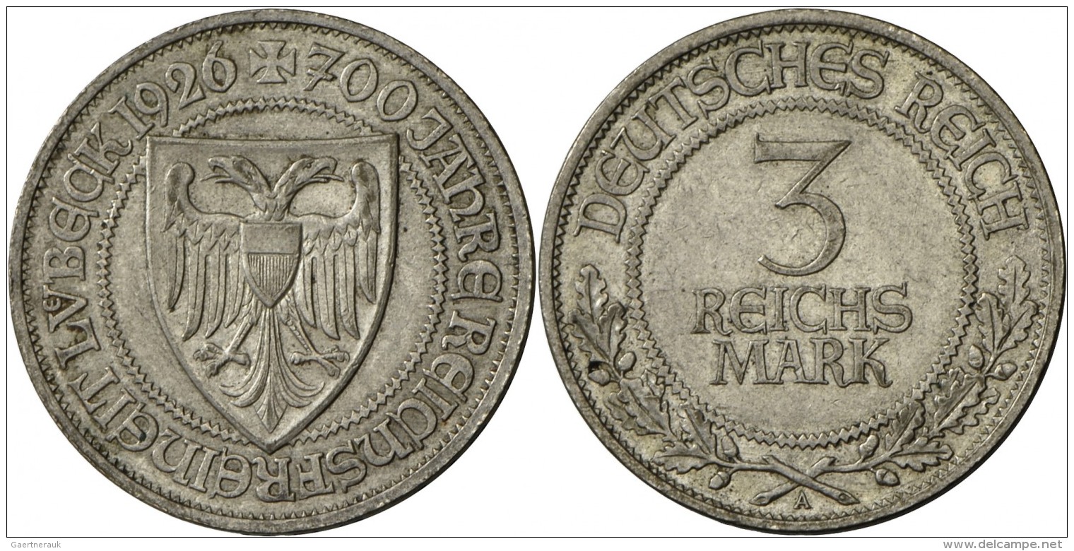 Weimarer Republik: 3 Reichsmark 1926 A, L&uuml;beck, Min. Kratzer, Fast Vorz&uuml;glich. - Autres & Non Classés