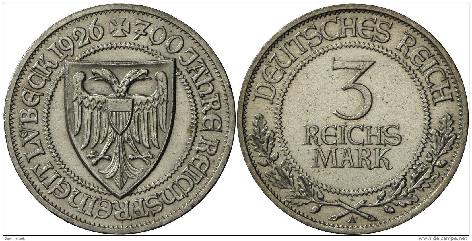 Weimarer Republik: 3 Reichsmark 1926 A, L&uuml;beck, Min. Randfehler, Fast Stempelglanz.. - Sonstige & Ohne Zuordnung