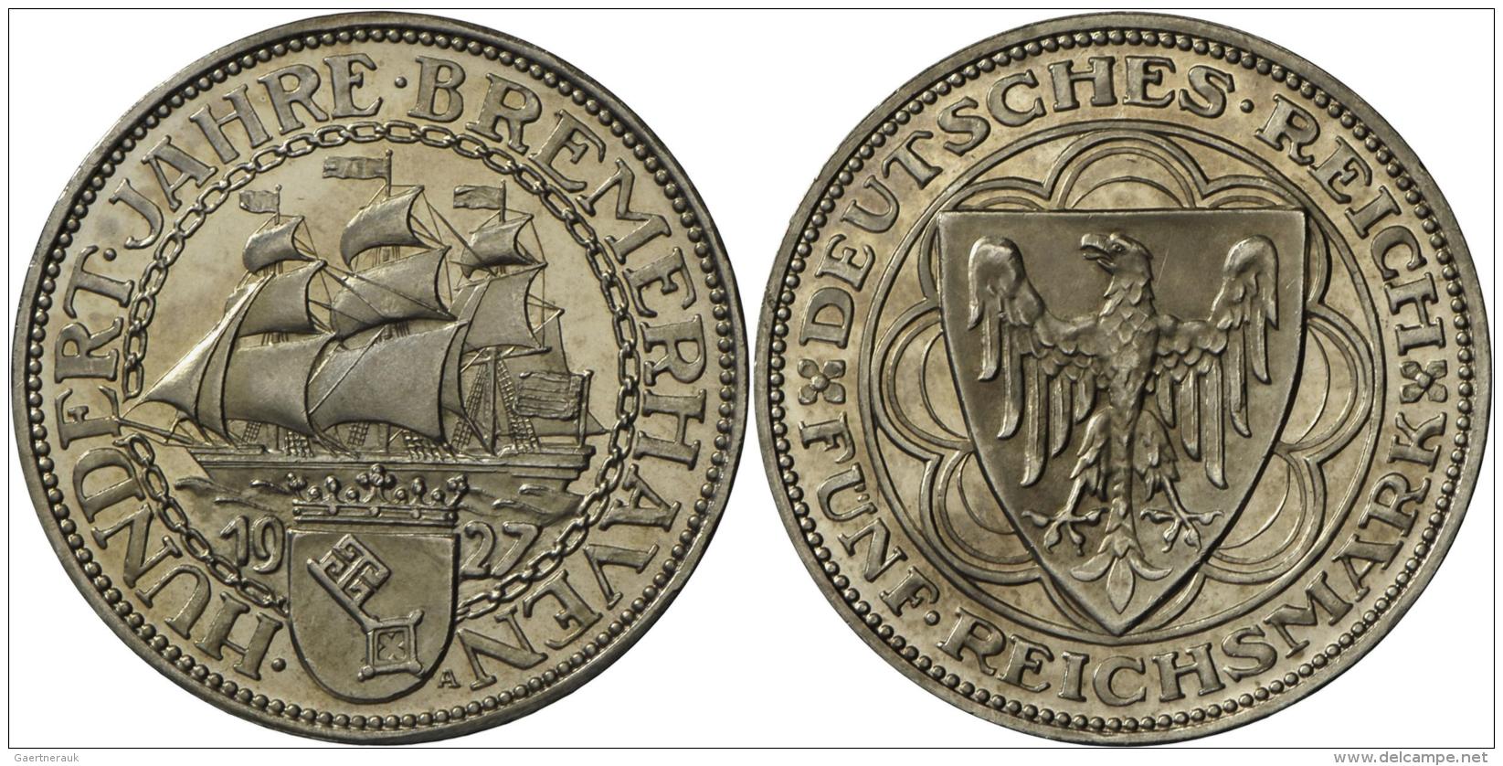 Weimarer Republik: 5 Reichsmark 1927 A, Bremerhaven, J. 325, Nur Feinste Ber&uuml;hungen, Winz. Randfehler, Polierte Pla - Autres & Non Classés