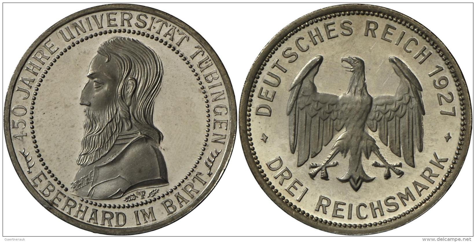 Weimarer Republik: 3 Reichsmark 1927 F, Universit&auml;t T&uuml;bingen, J. 328, Fingerabdr&uuml;cke, Min. Ber&uuml;hrt, - Sonstige & Ohne Zuordnung