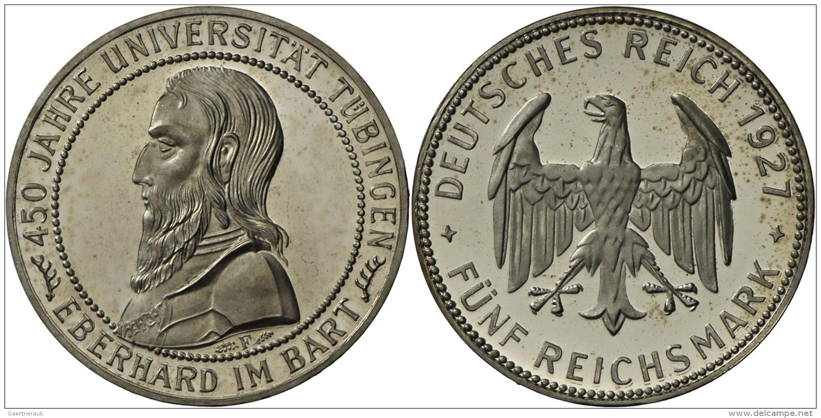 Weimarer Republik: 5 Reichsmark 1927 F, Universit&auml;t T&uuml;bingen, J. 328, Patinaansatz, Polierte Platte. - Autres & Non Classés