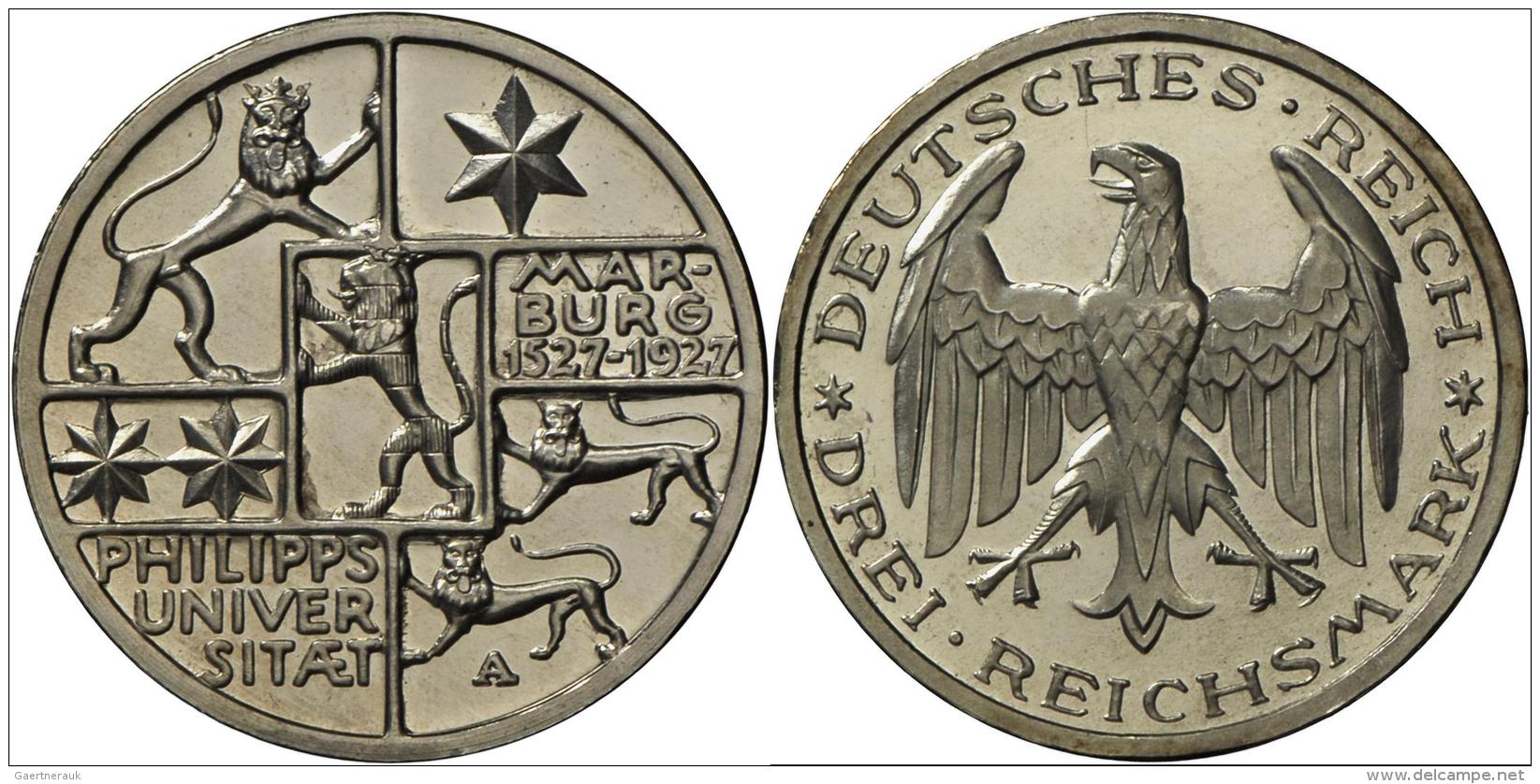 Weimarer Republik: 3 Reichsmark 1927 A, 400 Jahre Universit&auml;t Marburg, J 330, Min. Berieben, Polierte Platte. - Autres & Non Classés