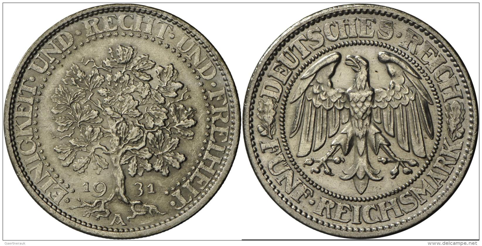 Weimarer Republik: 5 Reichsmark 1931 A, Eichbaum, Jaeger 331, Sehr Sch&ouml;n-vorz&uuml;glich. - Sonstige & Ohne Zuordnung