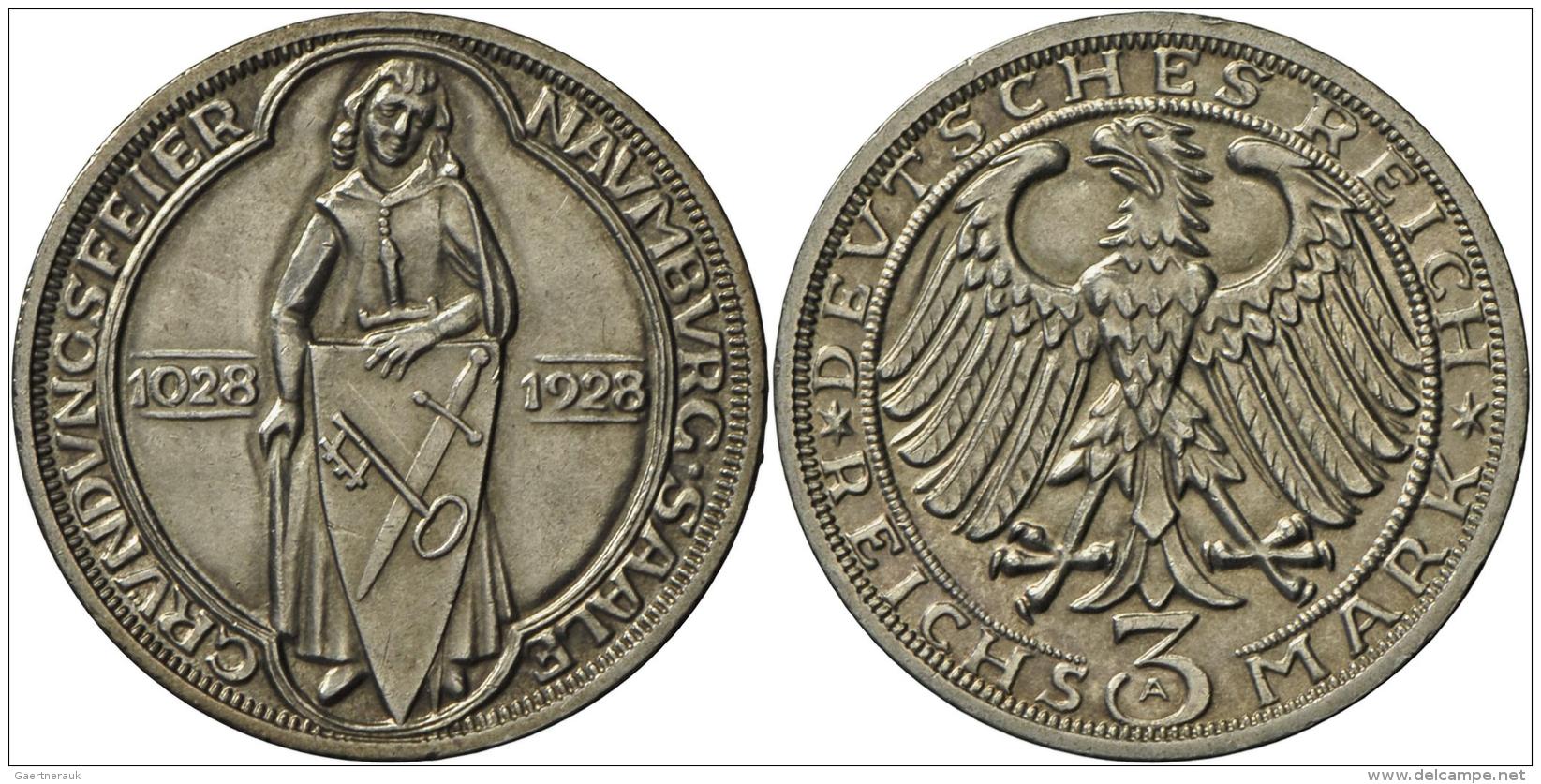 Weimarer Republik: 3 Reichsmark 1928 A, Naumburg, J. 333, Nur Feinste Ber&uuml;hungen, Stempelglanz. - Autres & Non Classés