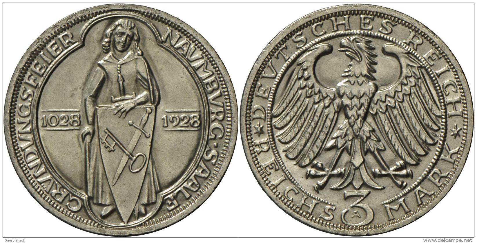 Weimarer Republik: 3 Reichsmark 1928 A, Naumburg/Saale, Jaeger 333, Vorz&uuml;glich. - Other & Unclassified