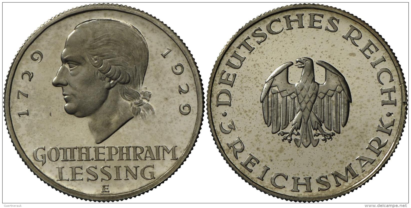 Weimarer Republik: 3 Reichsmark 1929 E, Lessing, Jaeger 335, Zaponiert/berieben, Polierte Platte. - Sonstige & Ohne Zuordnung