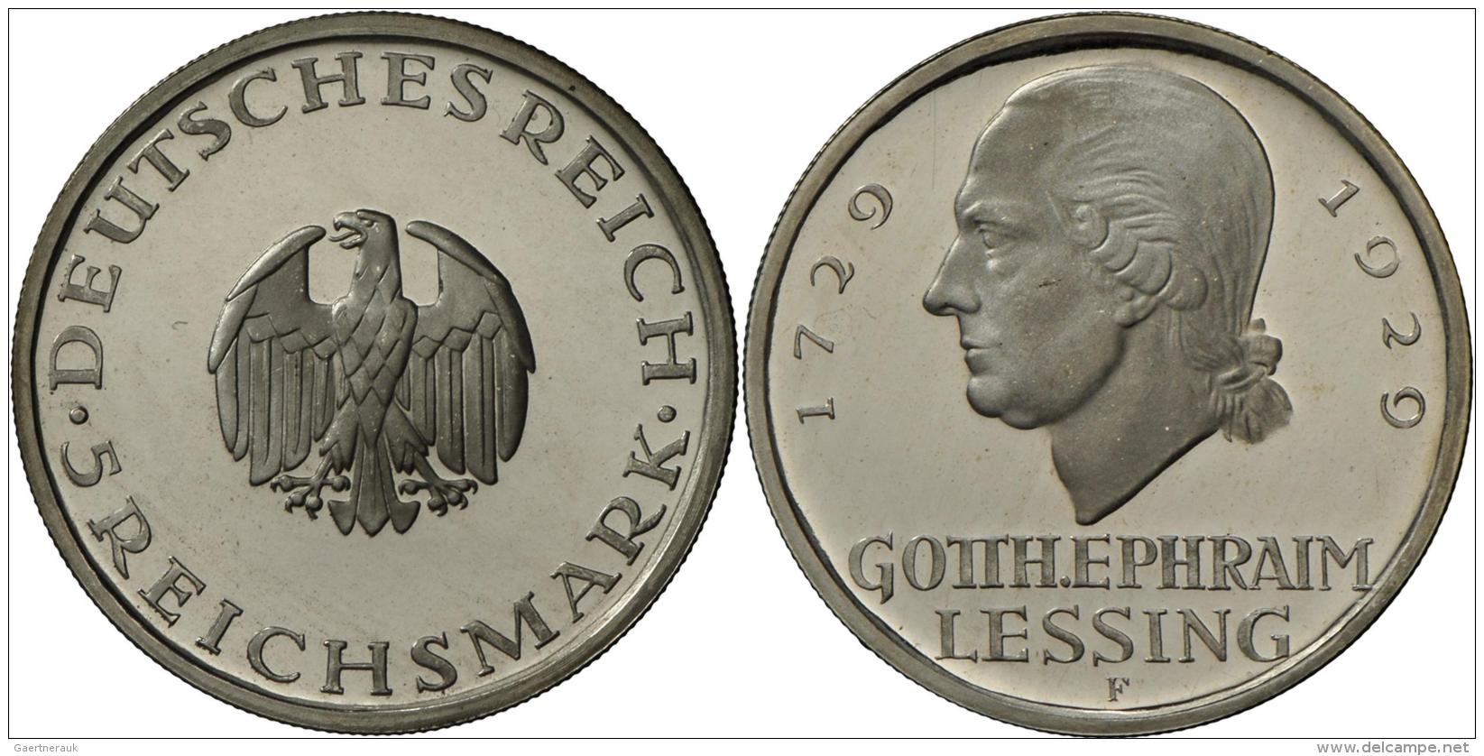 Weimarer Republik: 5 Reichsmark 1929 F, Lessing, Jaeger 336, Herrlich Zaponiert, Polierte Platte. - Autres & Non Classés