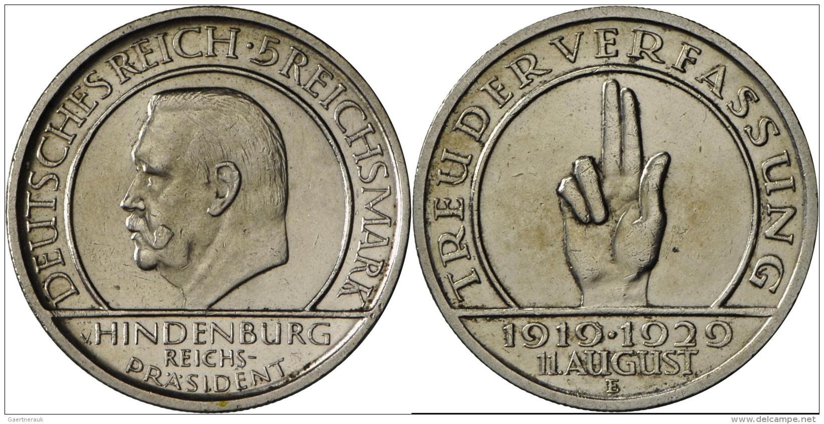 Weimarer Republik: 5 Reichsmark 1929 E, Schwurhand, Jaeger 341, Vorz&uuml;glich. - Other & Unclassified