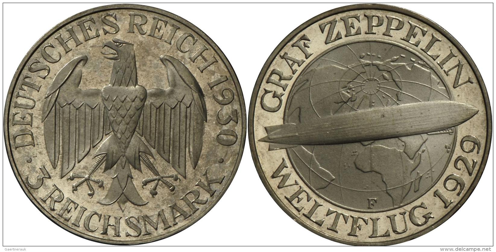 Weimarer Republik: 3 Reichsmark 1930 F, Zeppelin, Jaeger 342, Rv. Patina, Polierte Platte. - Sonstige & Ohne Zuordnung
