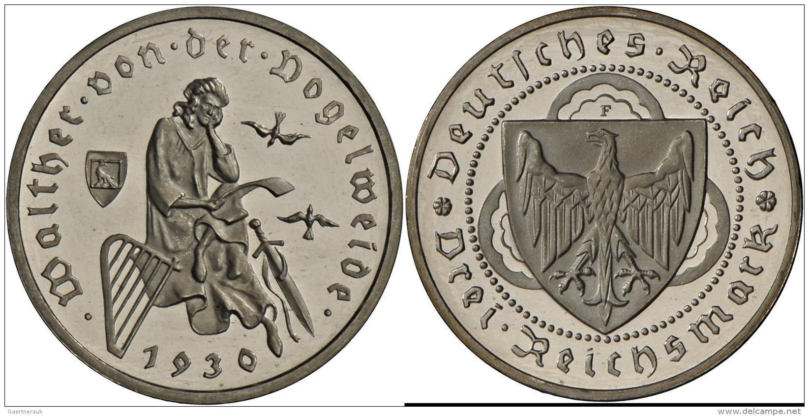Weimarer Republik: 3 Reichsmark 1930 F, Vogelweide, Jaeger 344, Polierte Platte. - Sonstige & Ohne Zuordnung