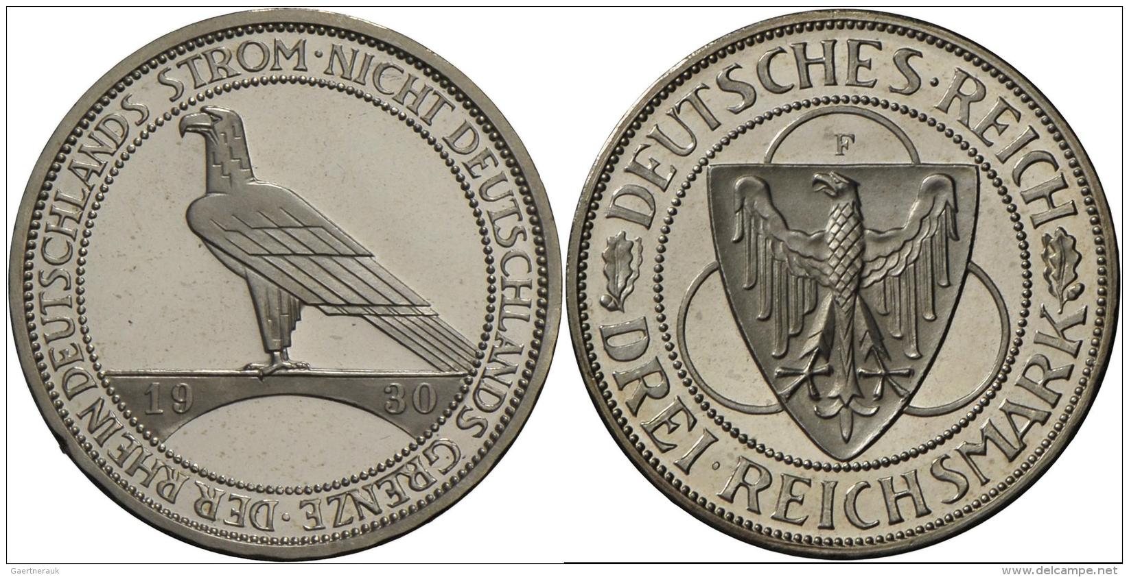 Weimarer Republik: 3 Reichsmark 1930 F, Rheinland-R&auml;umung, Jaeger 345, Polierte Platte. - Sonstige & Ohne Zuordnung