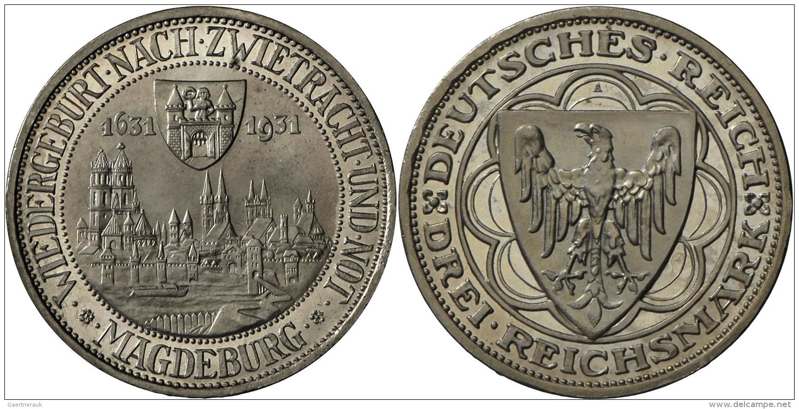 Weimarer Republik: 3 Reichsmark 1931 A, Magdeburg, Jaeger 347, Feine Bl&auml;uliche Patina, Polierte Platte. - Sonstige & Ohne Zuordnung