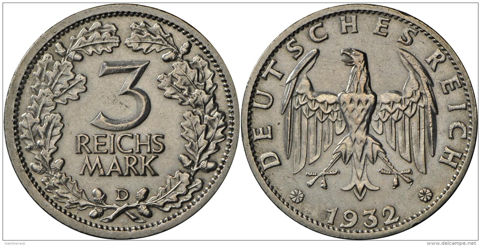 Weimarer Republik: 3 Reichsmark 1932 D, Jaeger 349, Winz. Kratzer, Vorz&uuml;glich. - Sonstige & Ohne Zuordnung