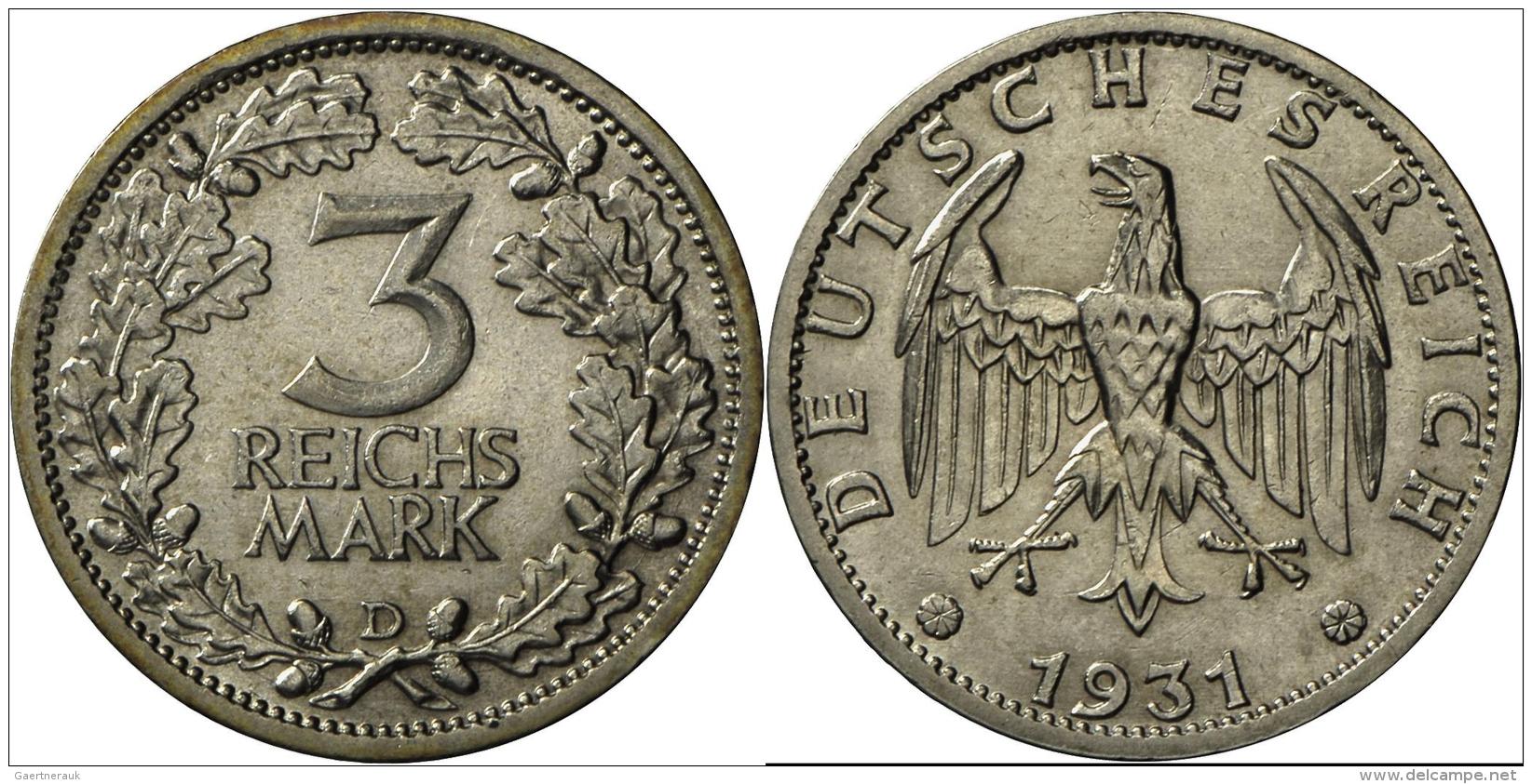 Weimarer Republik: 3 Reichsmark 1932 D, Jaeger 349, Nur Feinste Ber&uuml;hungen, Fast Stempelglanz. - Autres & Non Classés