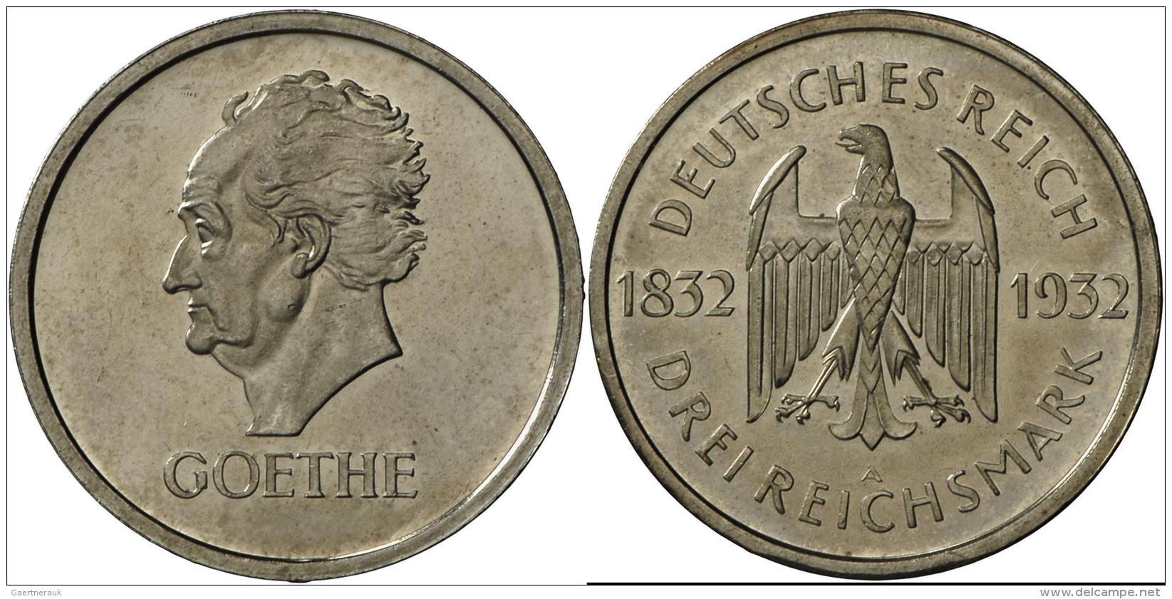 Weimarer Republik: 3 Reichsmark 1932 A, Goethe, 100. Todestag, Jaeger 350, Min. Kratzer Auf Av, Polierte Platte. - Autres & Non Classés
