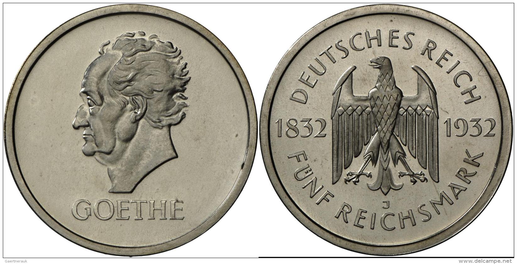 Weimarer Republik: 5 Reichsmark 1932 J, Zum 100. Todestag Goethes, Jaeger 351, Mit Aktuellem Gutachten Franquinet, Prach - Autres & Non Classés