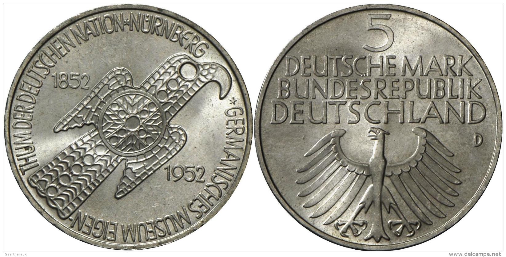 Bundesrepublik Deutschland 1948-2001: 5 D-Mark 1952 D, Germanisches Museum, Jaeger 388, Winz. Kratzer, Vorz&uuml;glich. - Autres & Non Classés