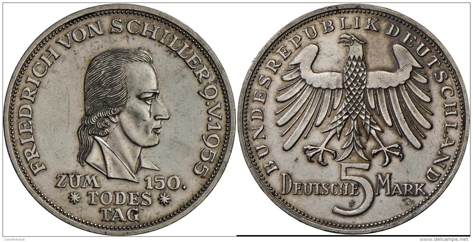 Bundesrepublik Deutschland 1948-2001: 5 D-Mark 1955 F, Friedrich Schiller, Jaeger 389, Vorz&uuml;glich. - Sonstige & Ohne Zuordnung