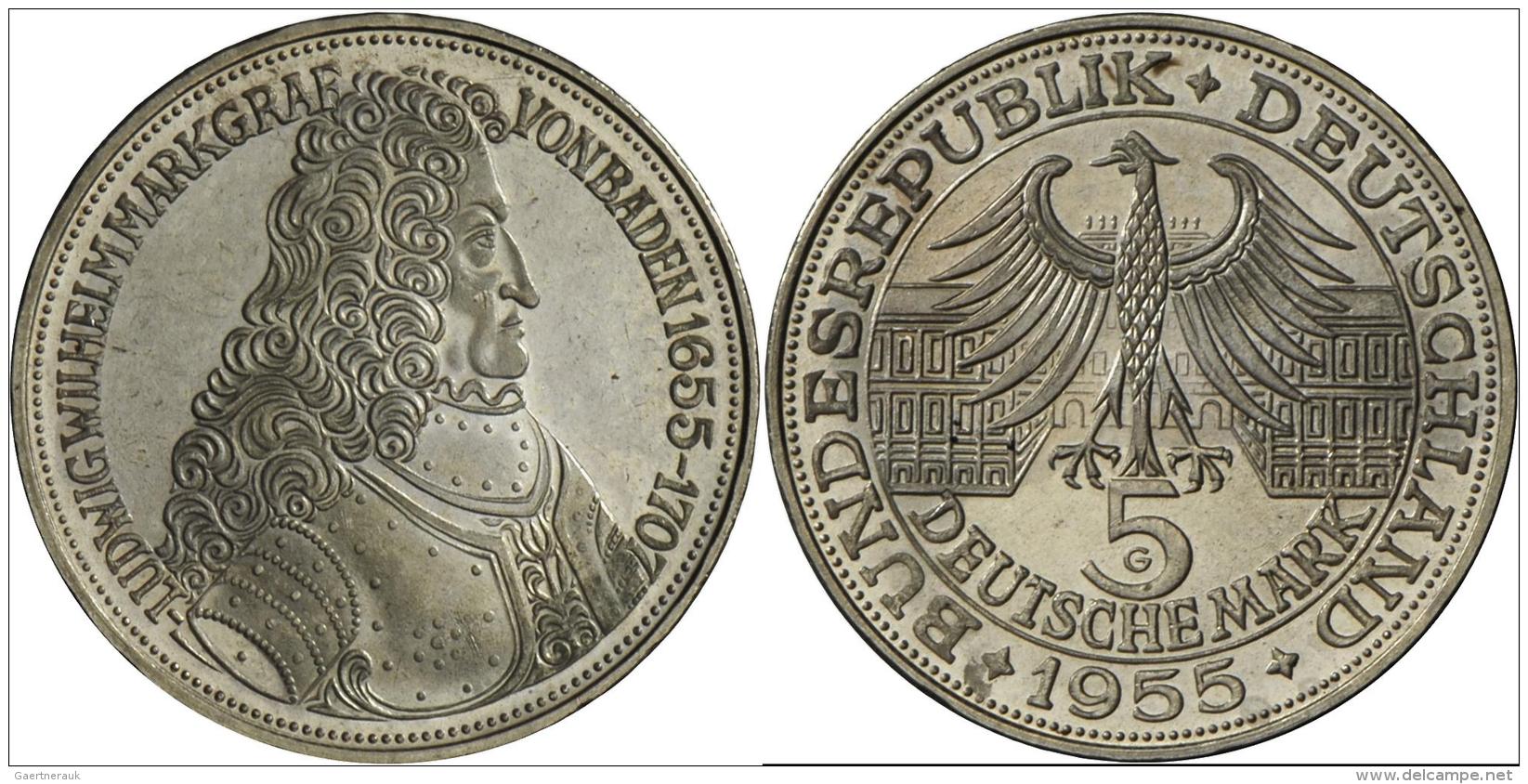 Bundesrepublik Deutschland 1948-2001: 5 D-Mark 1955 G, Markgraf Von Baden, Jaeger 390, Kl. Kratzer, Vorz&uuml;glich. - Other & Unclassified