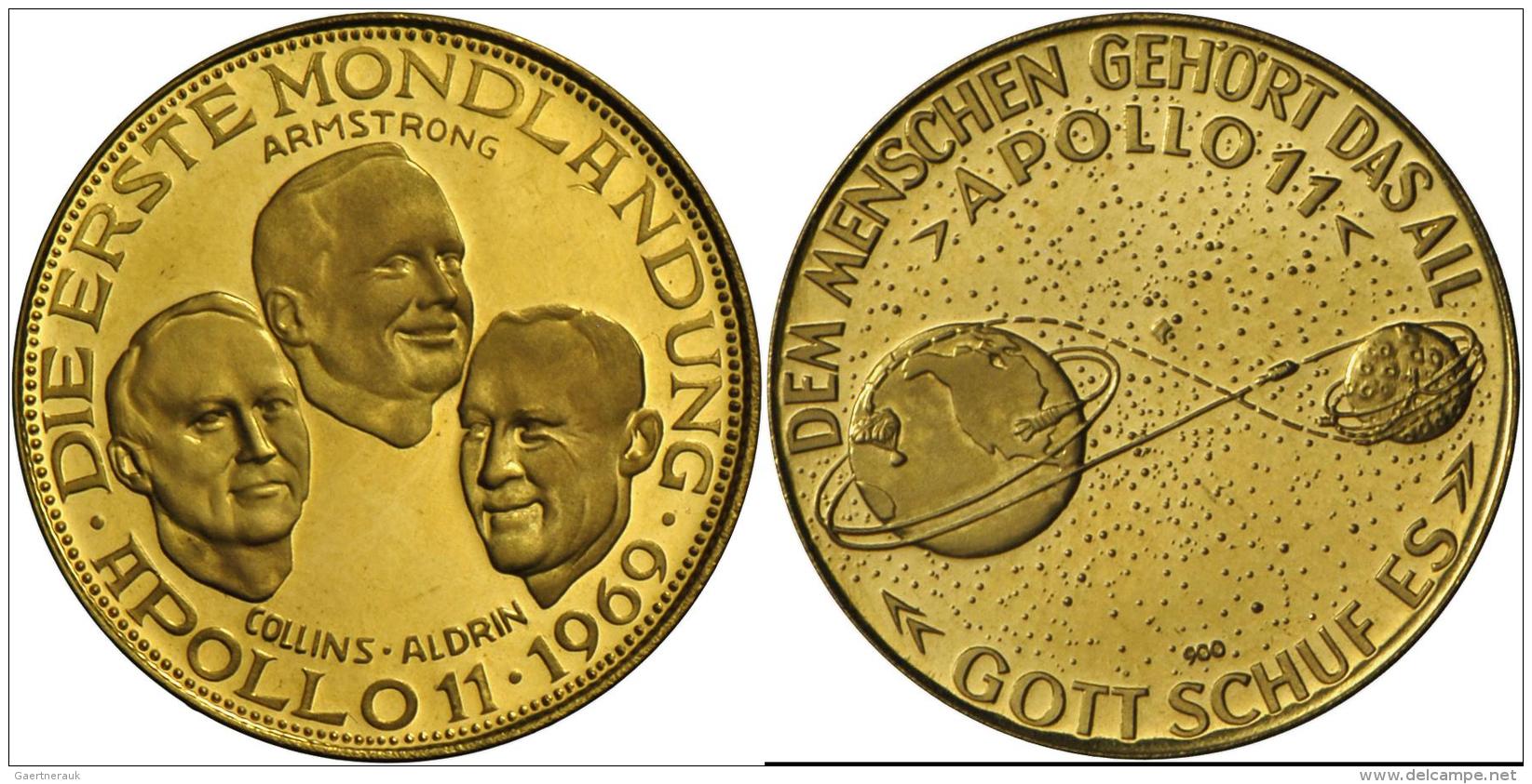Medaillen Deutschland: Raumfahrt: Lot 2 St&uuml;ck; Goldmedaille 1969, Apollo 11, Gold 900, 26 Mm, 10,5 G, Min. Berieben - Sonstige & Ohne Zuordnung