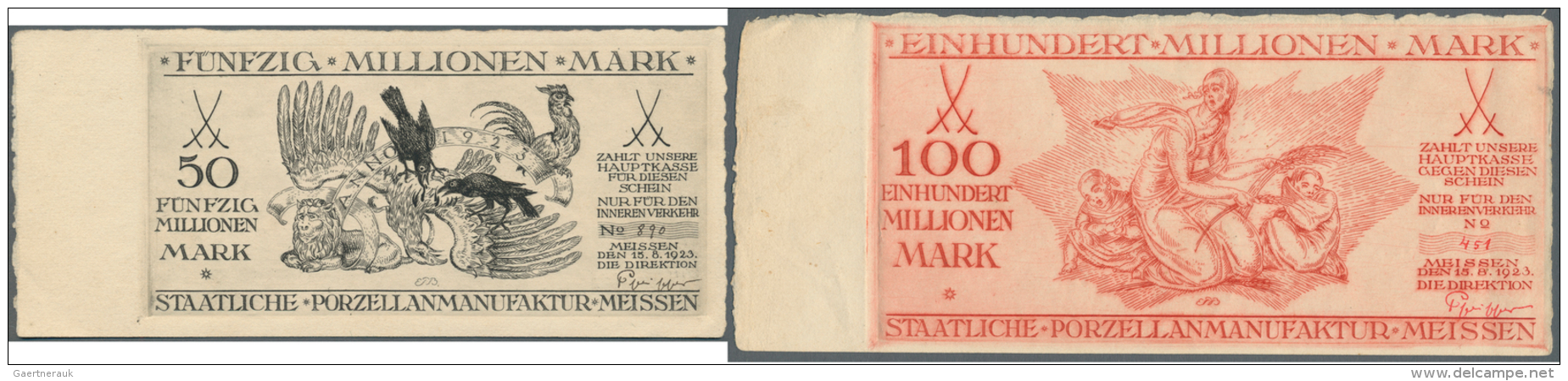 Weimarer Republik: Staatliche Porzellanmanufaktur Meissen: 50 Millionen Mark 15.08.1923 Nr. 890, 100 Millionen Mark 15.0 - Sonstige & Ohne Zuordnung
