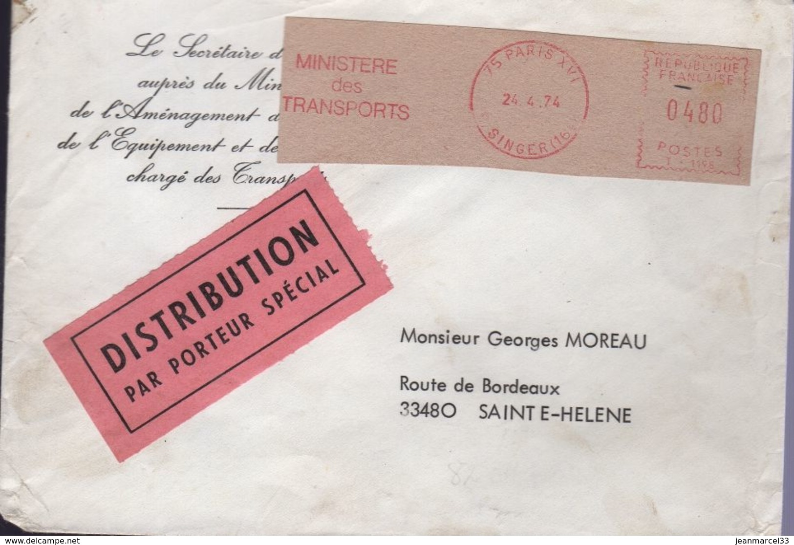 Lettre Distribution Par Porteur Spécial De 75 Paris XVI Ministère Des Transports 24 4 74 Machine De Guichet - Tarifas Postales