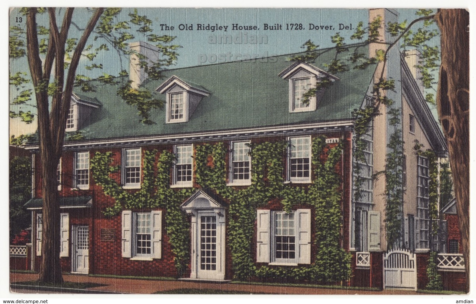 USA, Dover Delaware DE, The Old Ridgley House, Historic Landmark, C1940s Unused Vintage Linen Postcard - Dover