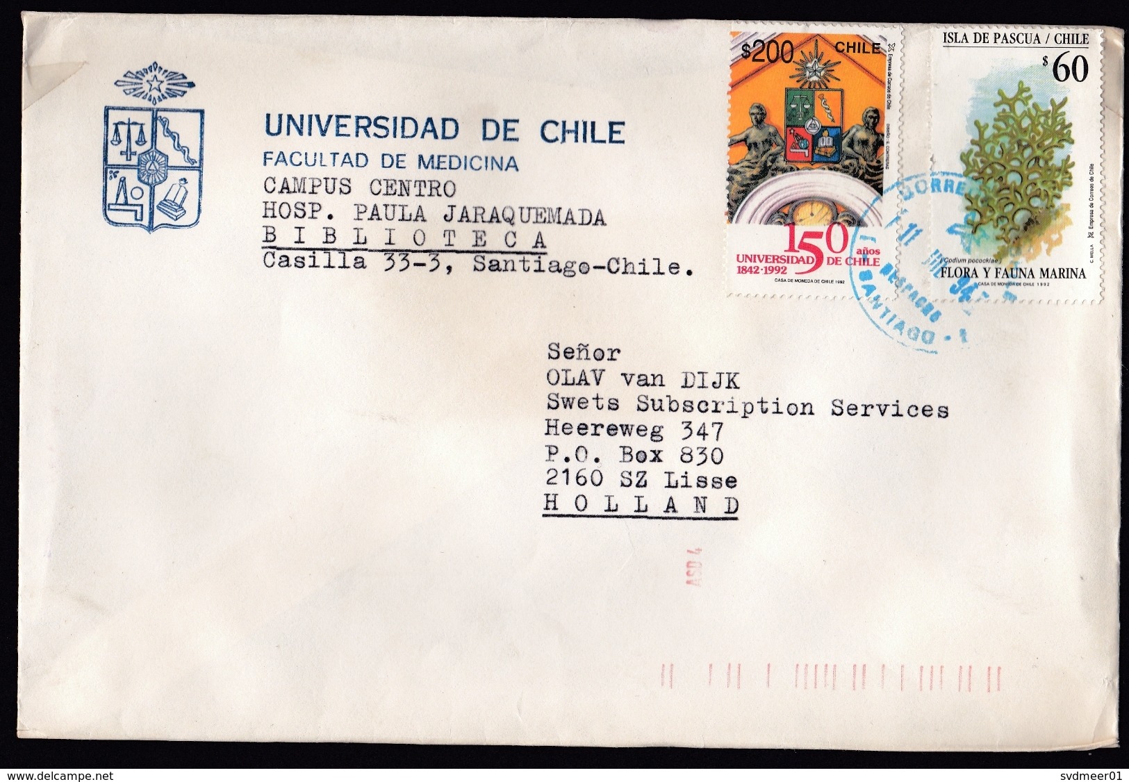 Chile: Cover To Netherlands, 1994, 2 Stamps, Sea Life, Coral, University, Sent By Same University! (minor Damage) - Chili