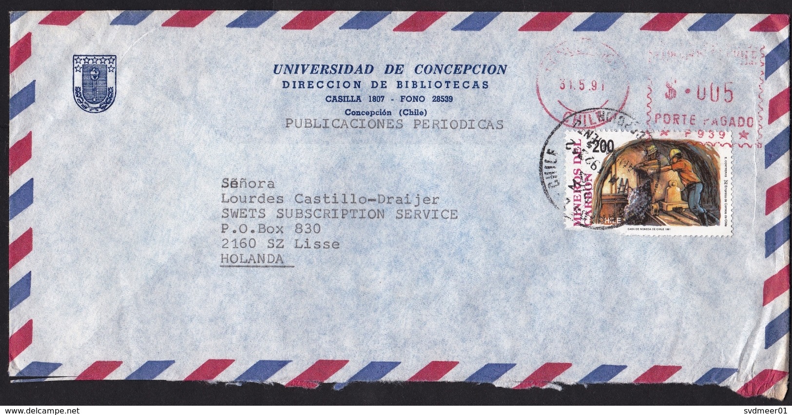 Chile: Airmail Cover To Netherlands, 1991, Mix Stamp & Meter Cancel, Mining (stamp Damaged!) - Chili