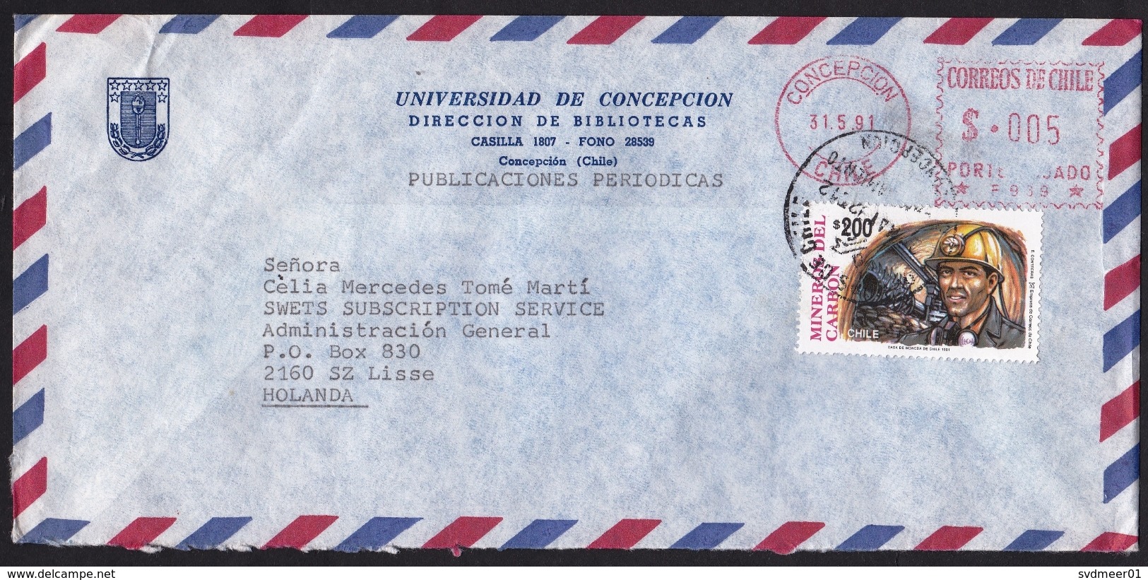 Chile: Airmail Cover To Netherlands, 1991, Mix Stamp & Meter Cancel, Mining, Miner (traces Of Use) - Chili