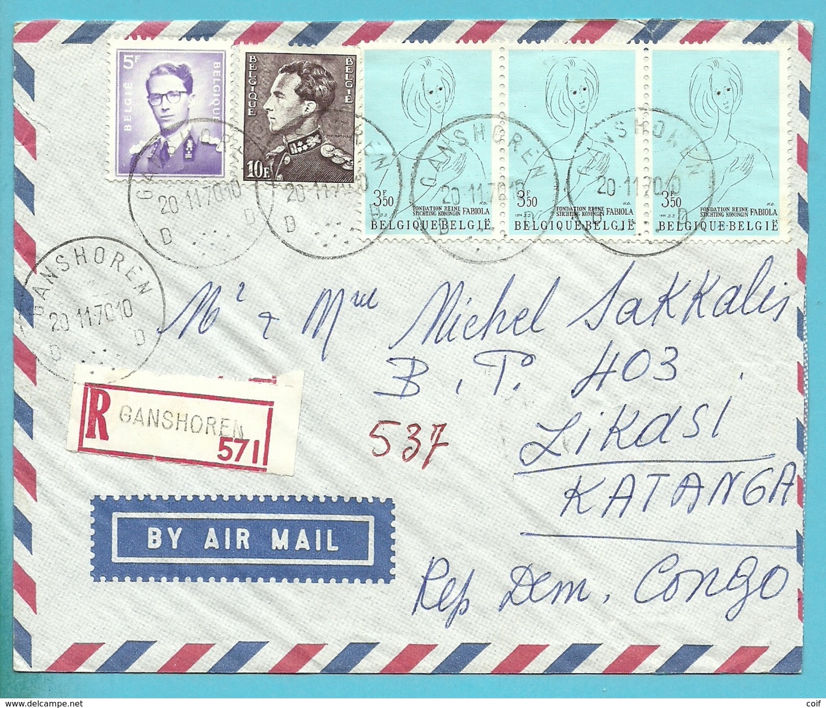 848A+1029 Op Brief Aangetekend Per Luchtpost (avion) Stempel GANSHOREN Naar KATANGA (Rep. Congo) - 1953-1972 Brillen