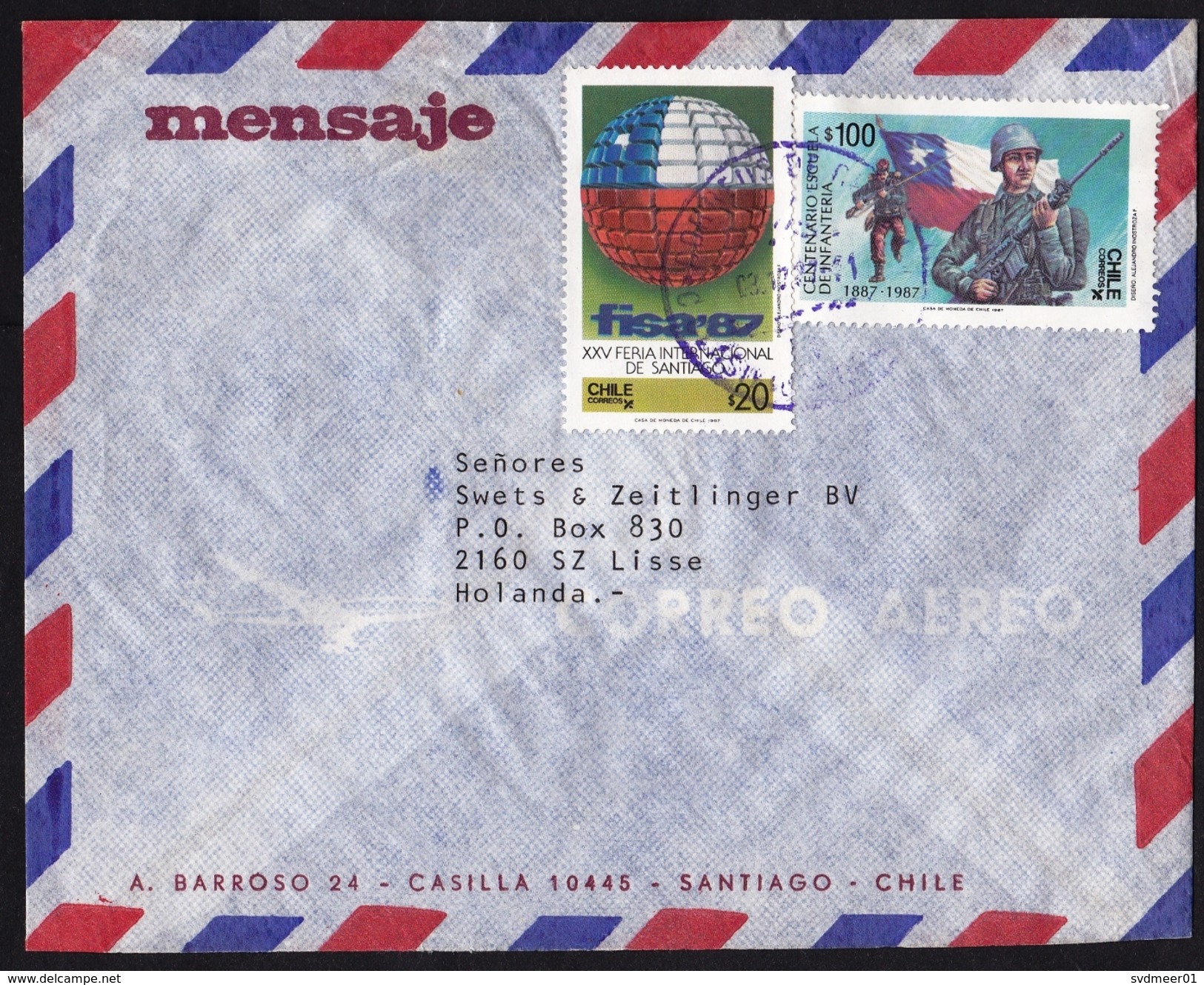 Chile: Airmail Cover To Netherlands, 1987, 2 Stamps, Infantry, Soldier, Gun, Military, Exhibition (minor Discolouring) - Chili