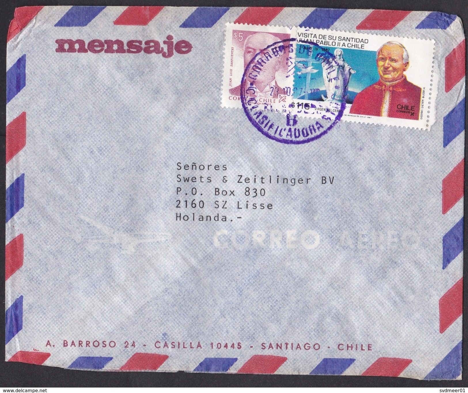 Chile: Airmail Cover To Netherlands, 1987, 2 Stamps, Pope John Paul, Statue Of Christ (minor Discolouring, Creases) - Chili