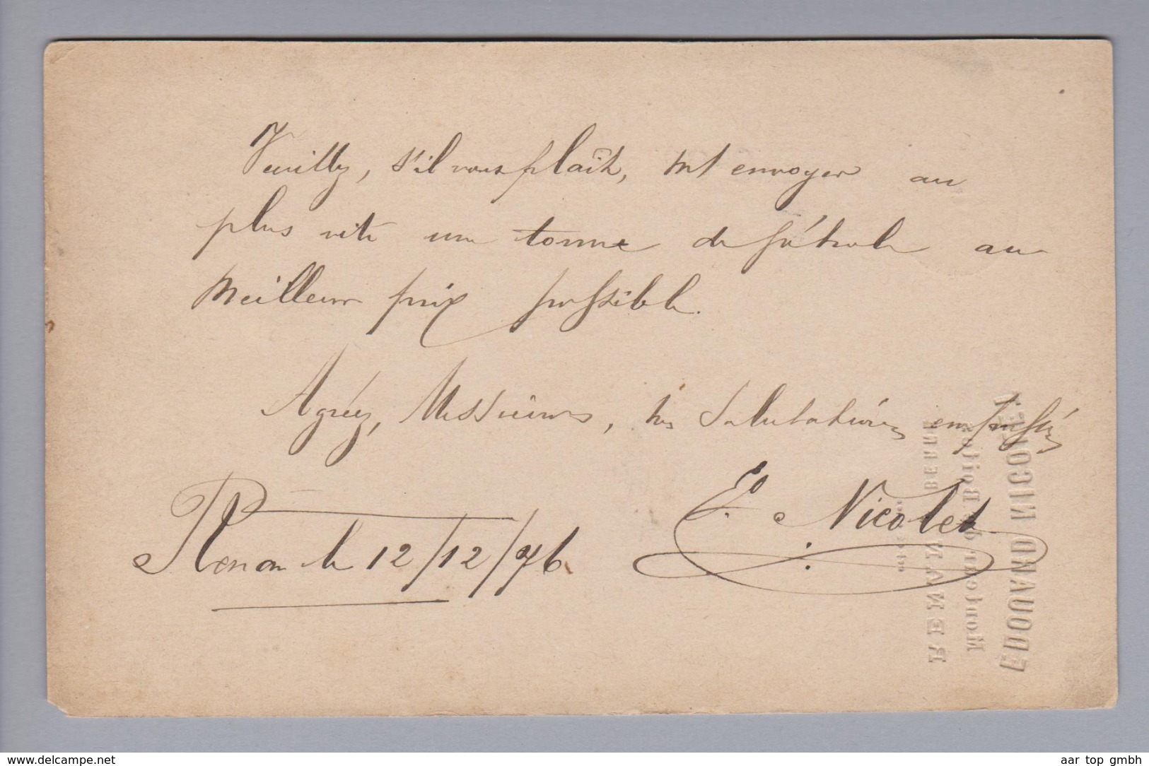 Heimat CH BE Renan 1876-12-12 Ganzsache 5 Rp. Mit Adress-Einprägung Edouard Nicolet - Lettres & Documents