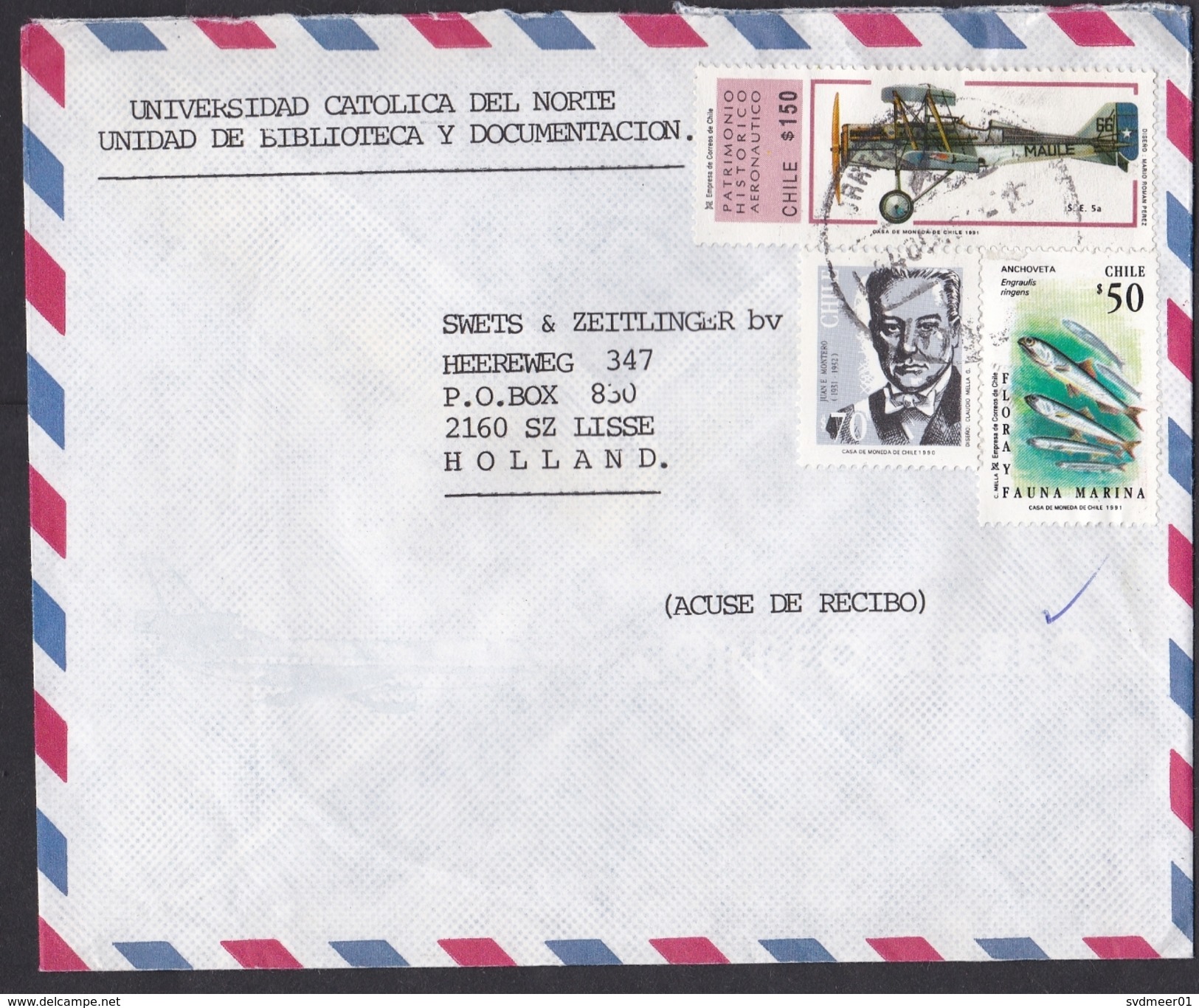 Chile: Airmail Cover To Netherlands, 1994, 3 Stamps, Airplane, Aviation History, Fish, Sea Life (tape At Back) - Chili