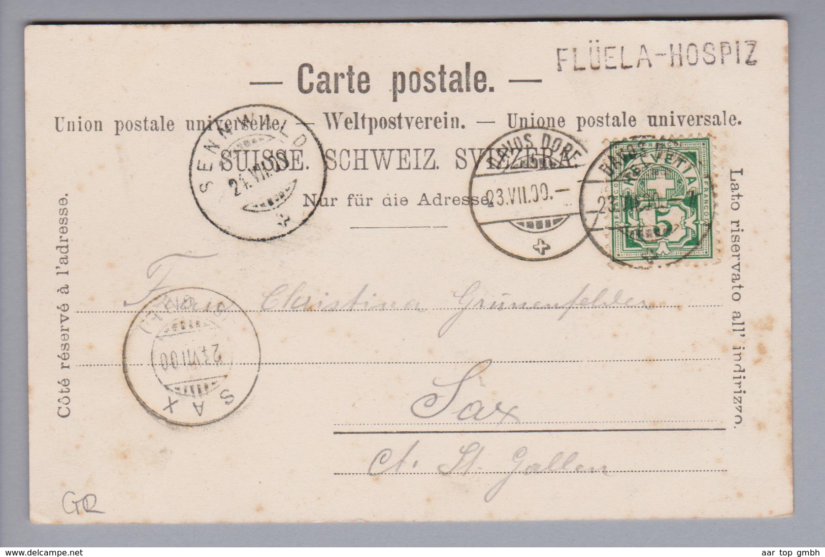 Heimat CH GR Flüela-Hospiz 1900-07-23 Langstempel Auf Ansichtskarte Nach Sax - Lettres & Documents