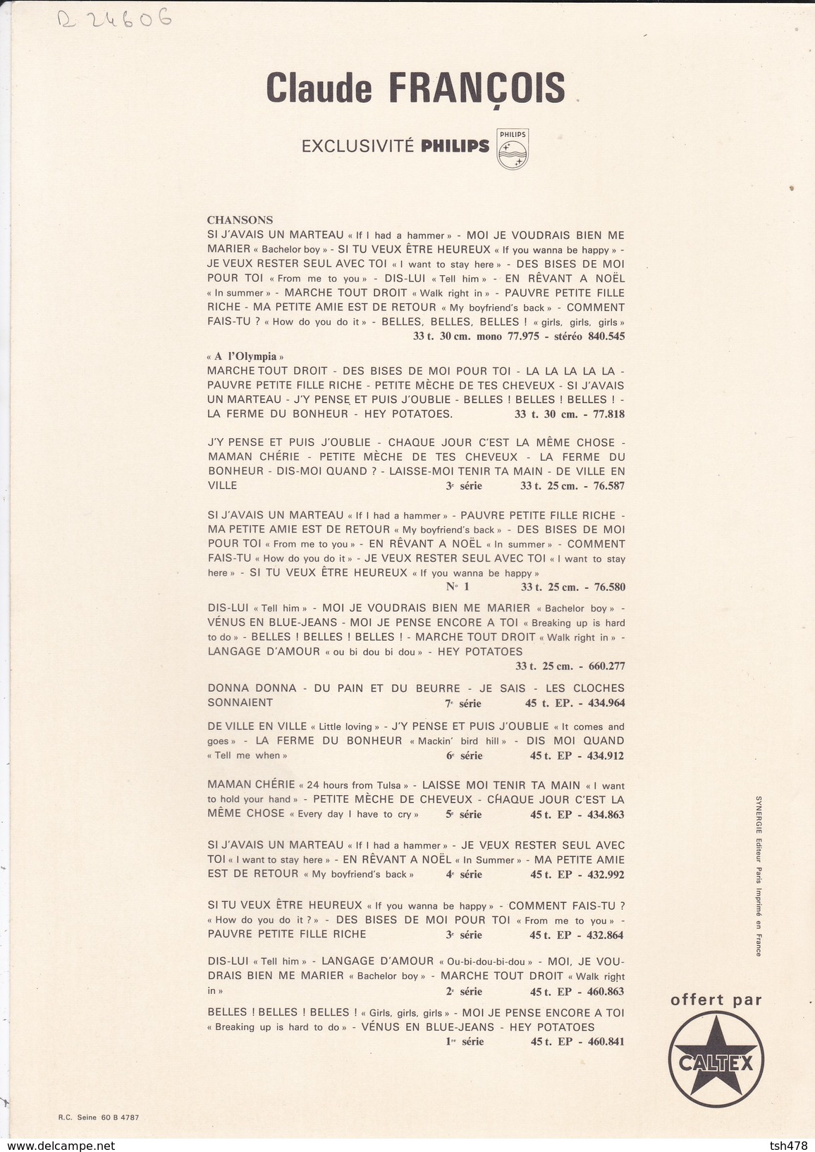 CHANTEUR----CLAUDE FRANCOIS---carte Géante--disques PHILIPS--offert Par CALTEX-dédicace Imprimée-voir 2 Scans - Singers & Musicians