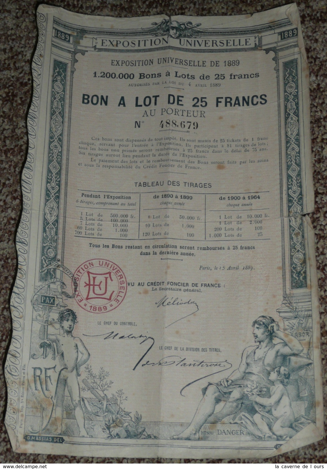 Bon à Lot Au Porteur, Exposition Universelle De 1889, 25 Francs, Titre/Récépissé/Action/Obligation - Other & Unclassified