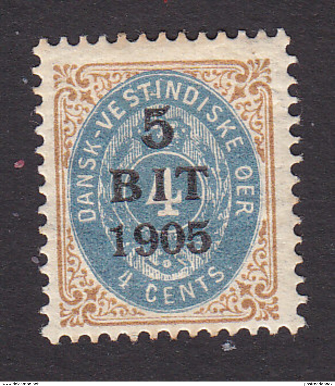 Danish West Indies, Scott #40, Mint Hinged, Number Surcharged, Issued 1905 - Danemark (Antilles)