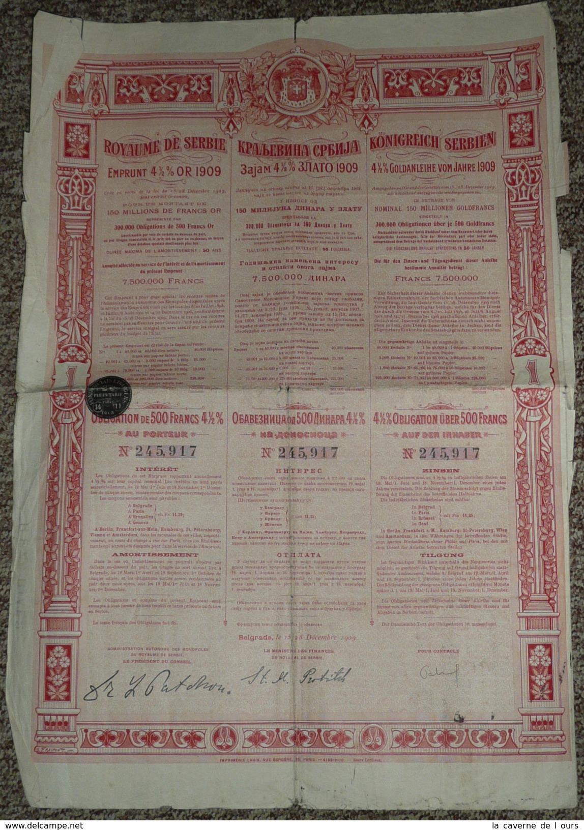 Royaume De SERBIE Emprunt 4 %, Obligation 500 Francs 1909, Titre/Récépissé/Action/Bon - S - V